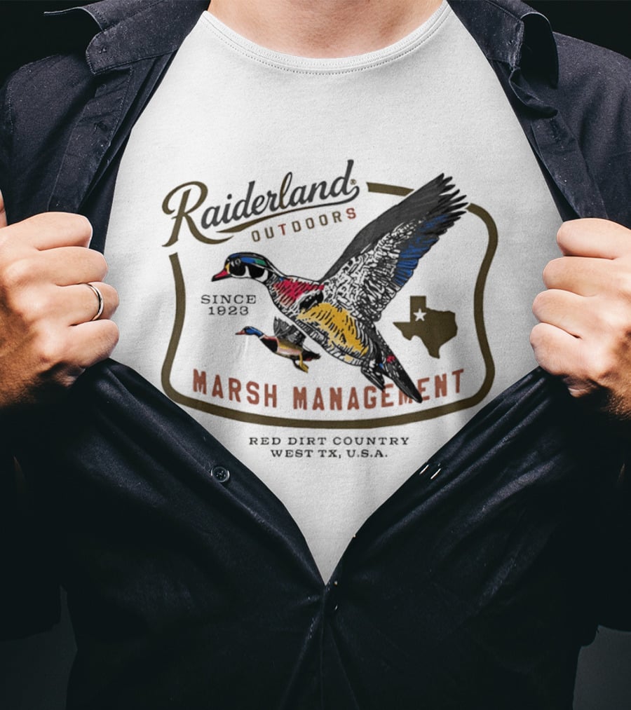 Raiderland Outdoors Marsh Management Since 1926 Red Dirt Country West TX USA T-Shirt