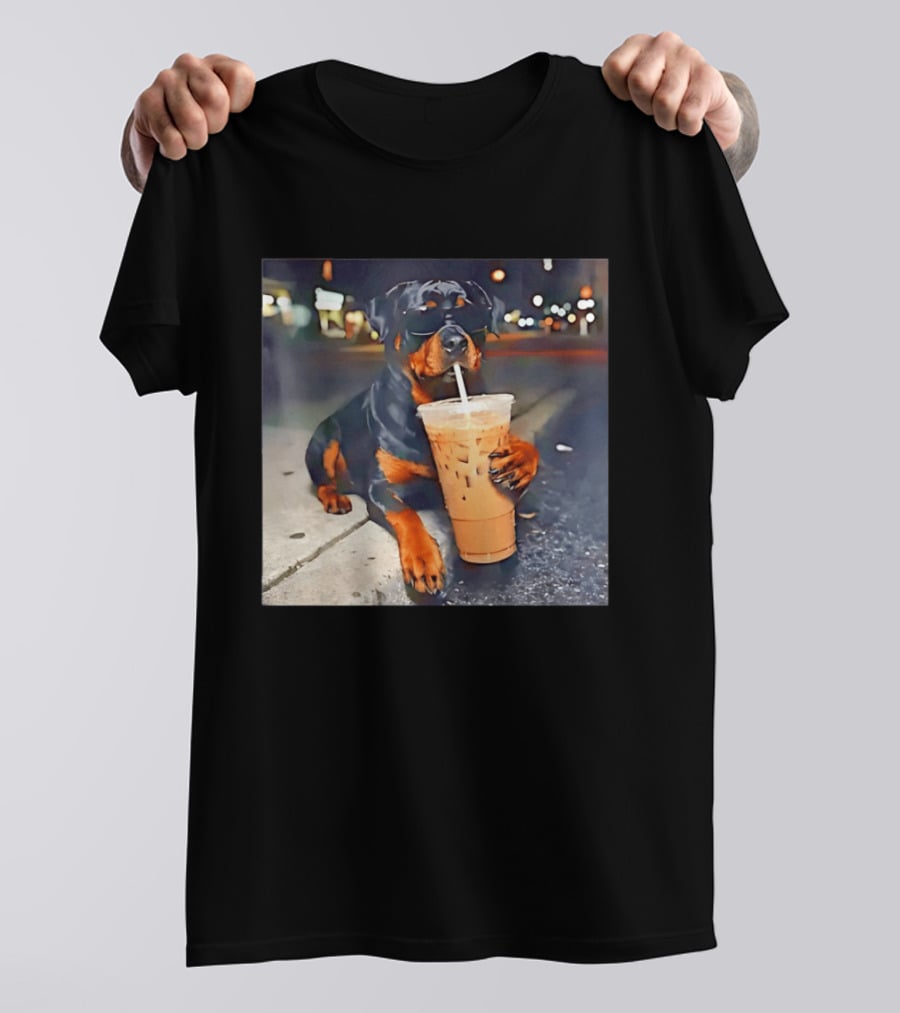 Rottweiler Drinking Iced Coffee Wearing Sunglasses Funny Dog T-Shirt