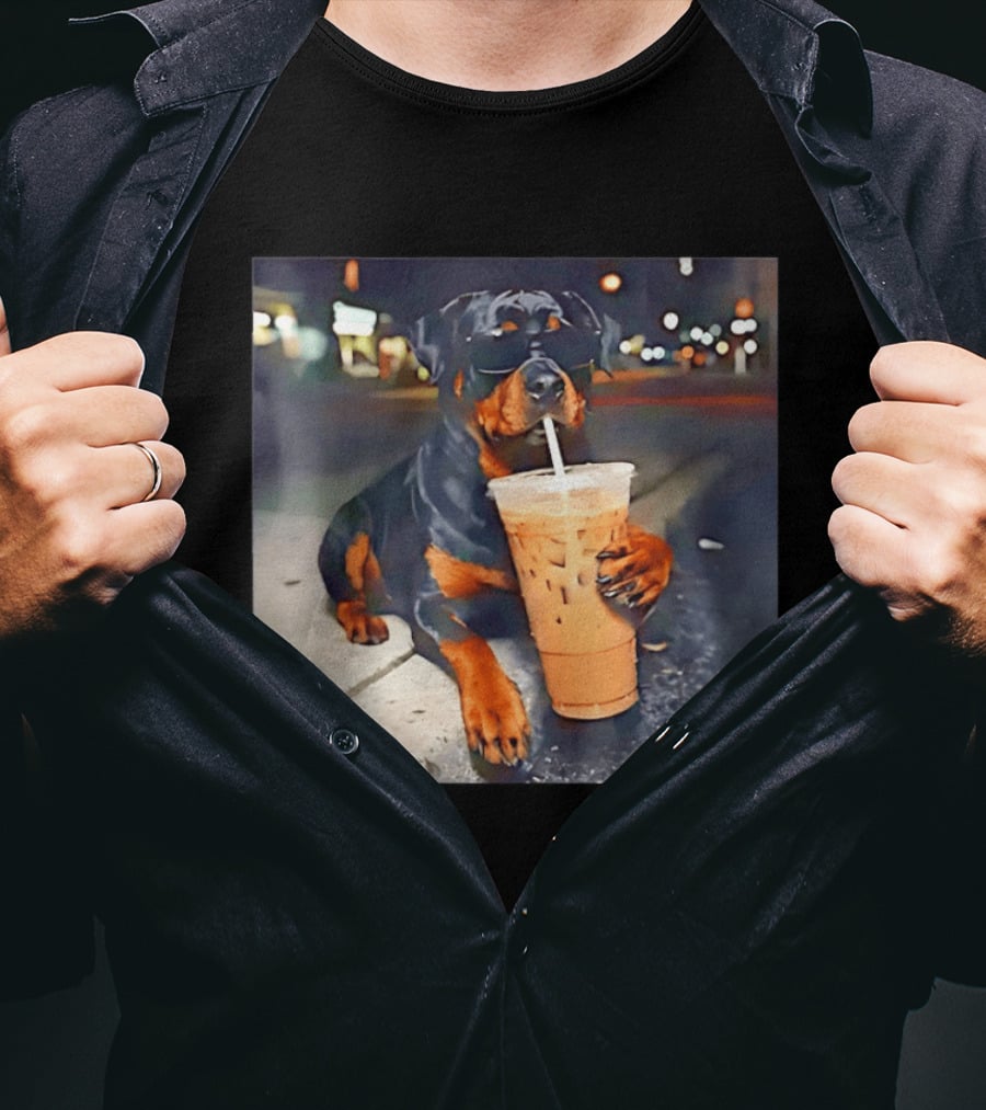 Rottweiler Drinking Iced Coffee Wearing Sunglasses Funny Dog T-Shirt