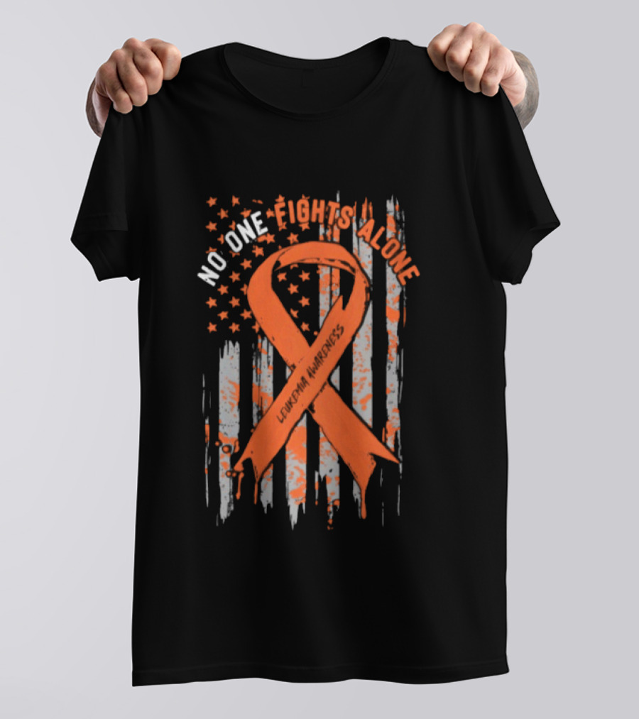 No One Fights Alone Leukemia Awareness Orange Ribbon American Flag T-Shirt