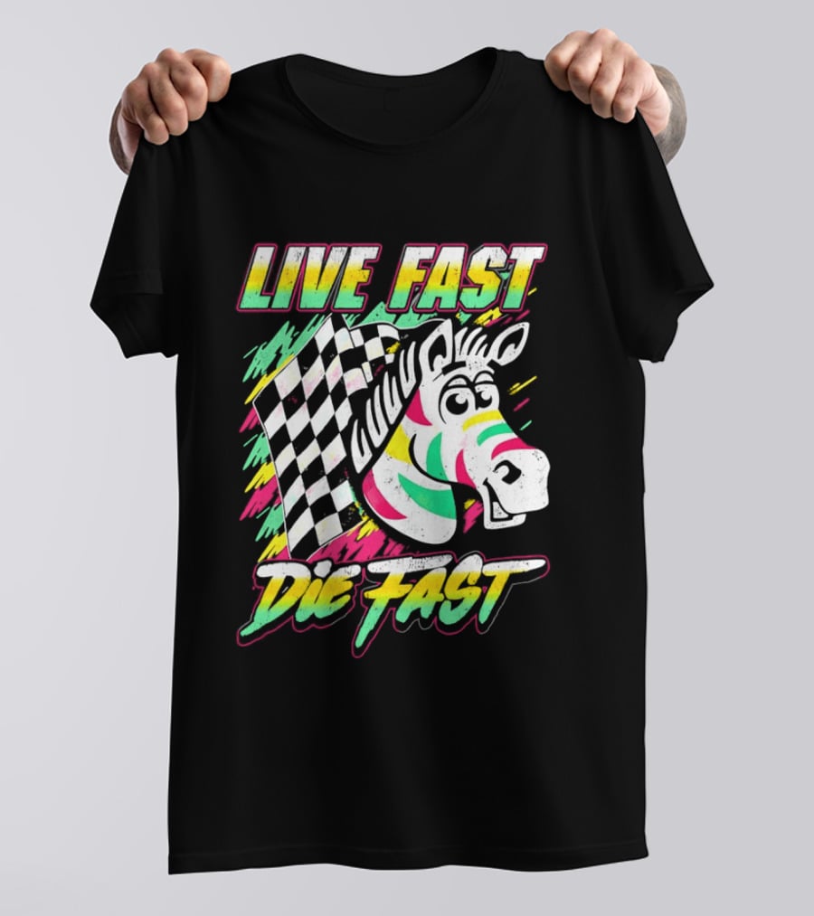 Zebra Checkered Flag Live Fast Die Fast Retro Neon T-Shirt