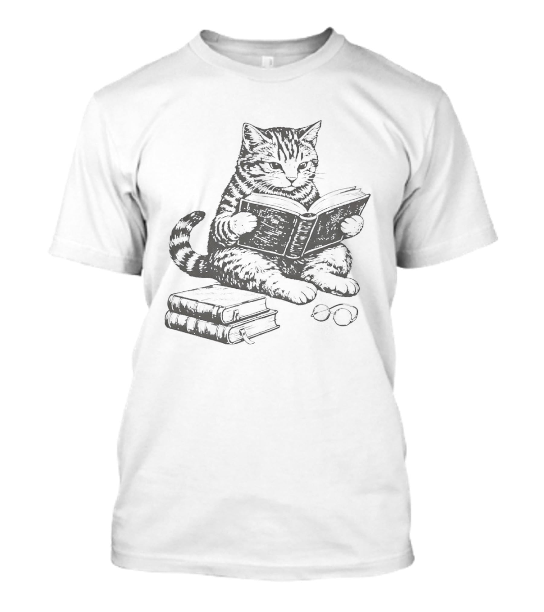 Tabby Cat Sitting And Reading Book With Stacked Books Beneath T-Shirt