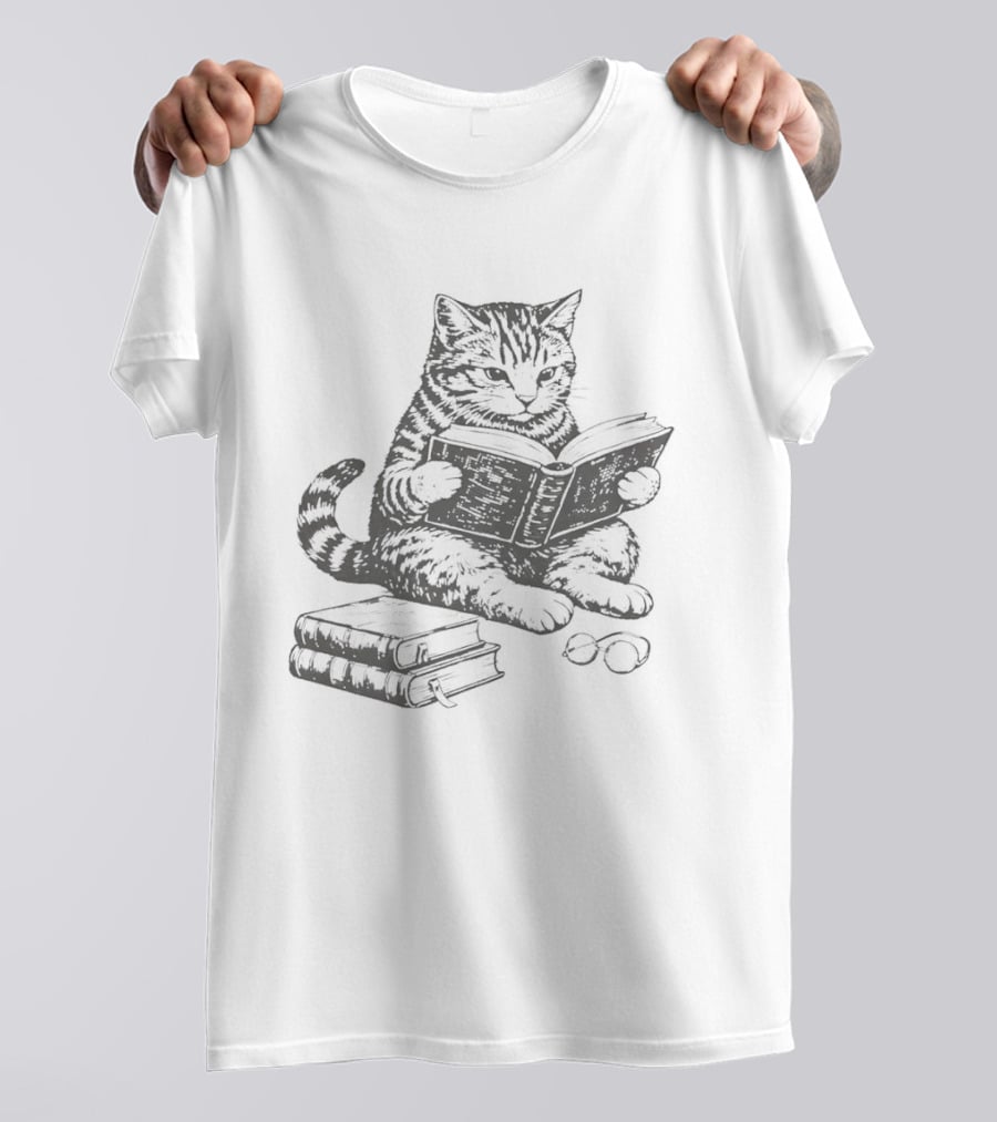 Tabby Cat Sitting And Reading Book With Stacked Books Beneath T-Shirt