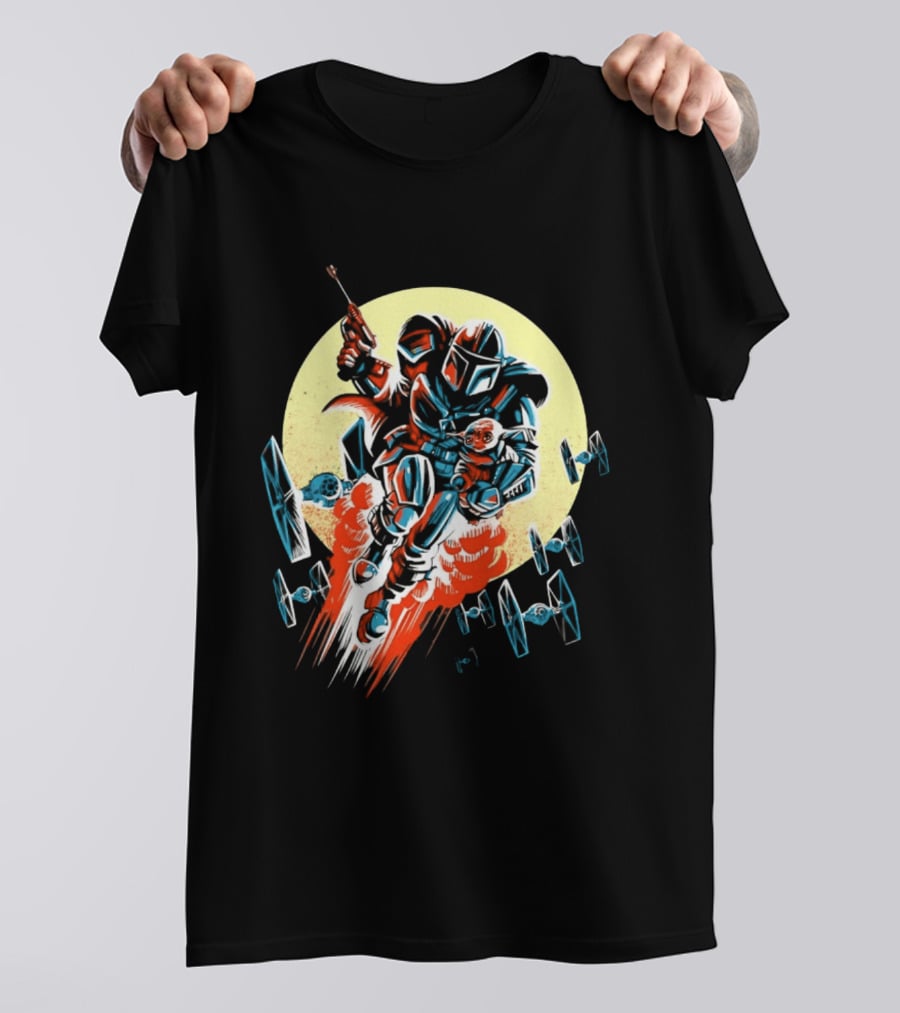 Din Djarin Grogu TIE Fighters Mandalorian Jetpack Adventure T-Shirt