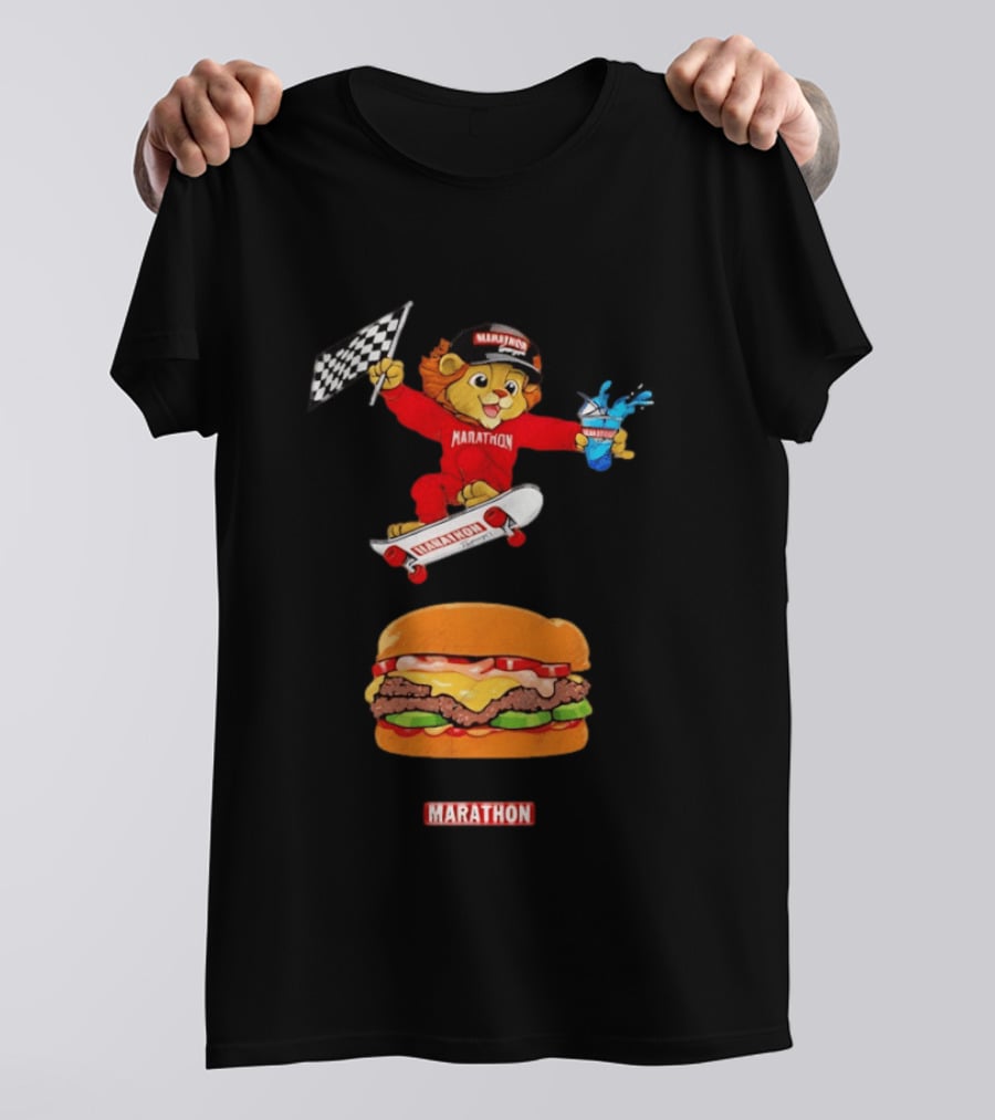 Marathon Lion Skateboarding Checkered Flag Cheeseburger T-Shirt