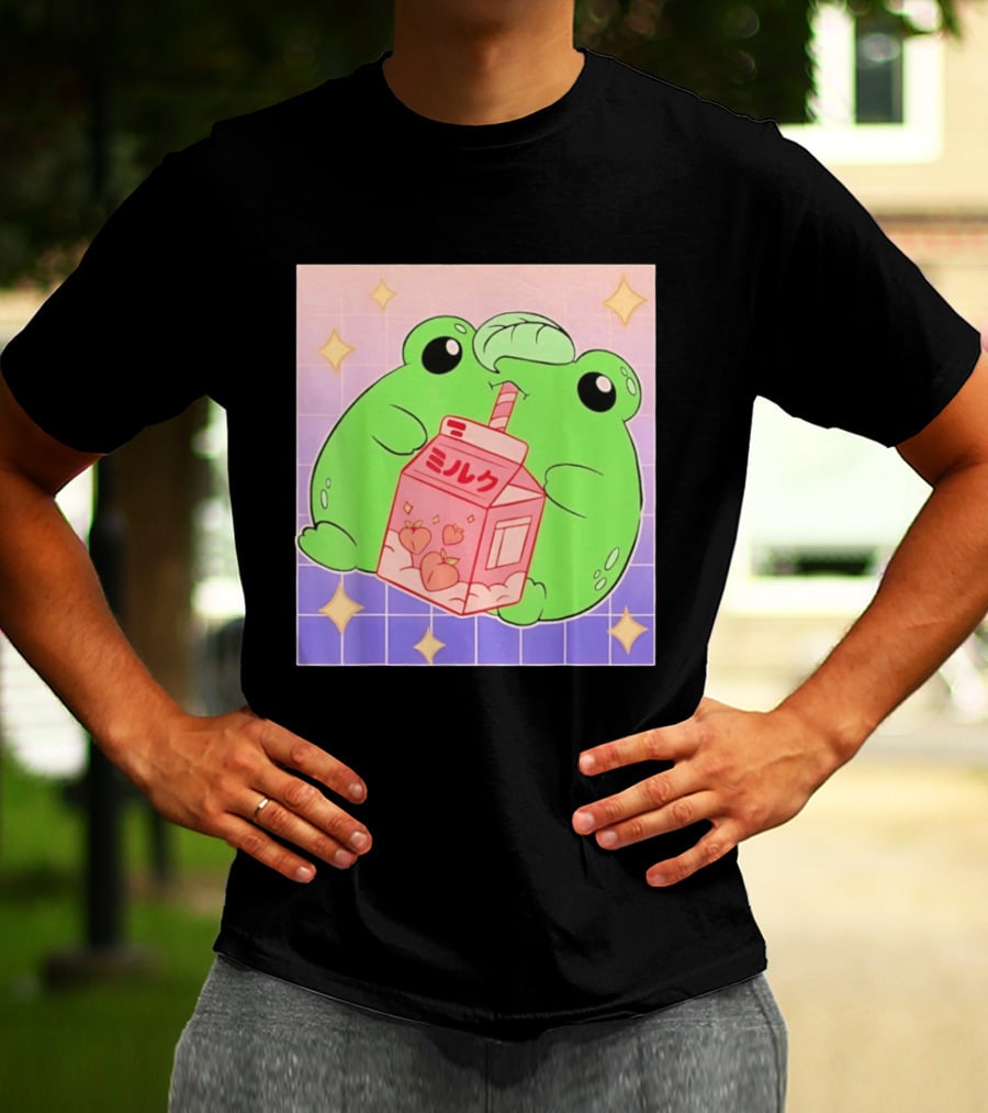 Frog With Peach Milk Box Kawaii Cartoon T-Shirt