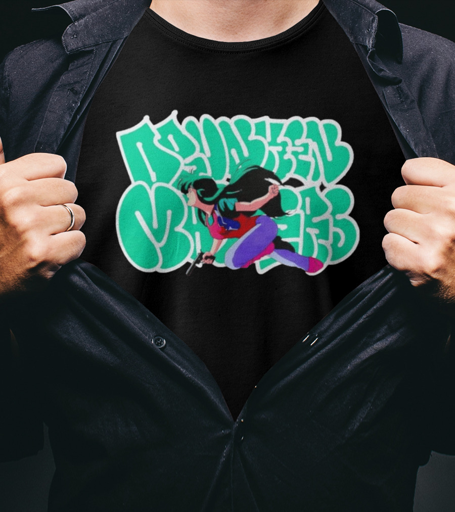 Drunken Masters Anime Girl Green Graffiti Gun Action T-Shirt