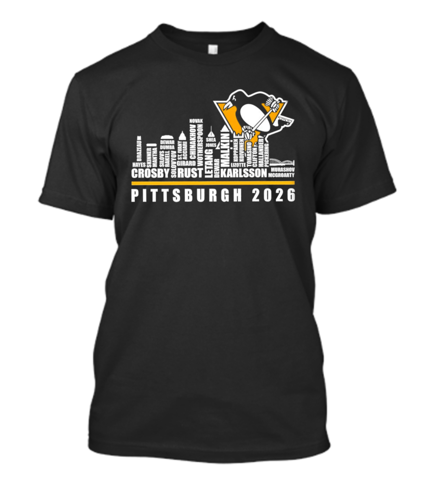 Pittsburgh Penguins Crosby Malkin Letang Karlsson Skyline 2026 T-Shirt
