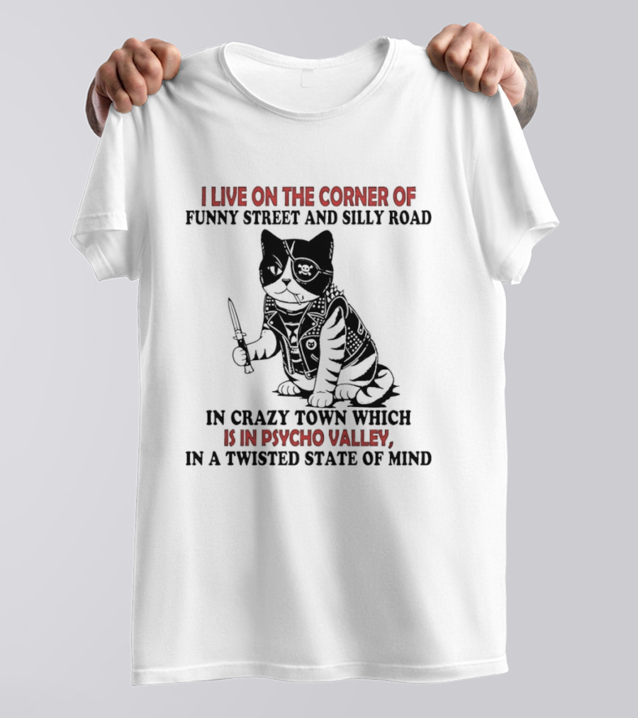 I Live On The Corner Of Funky Street And Silly Road In Crazy Town Psycho Valley Twisted State Of Mind T-Shirt