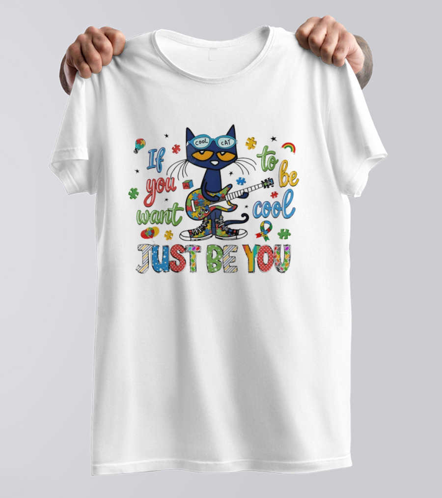 Cool Cat Just Be You Autism Puzzle Guitar T-Shirt