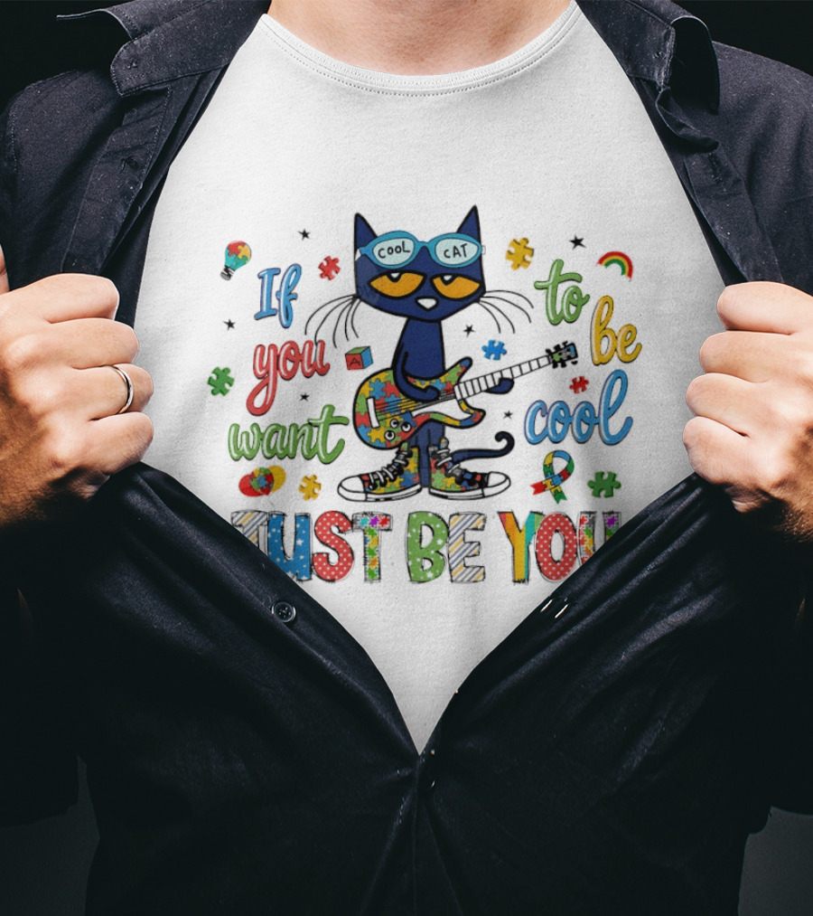 Cool Cat Just Be You Autism Puzzle Guitar T-Shirt