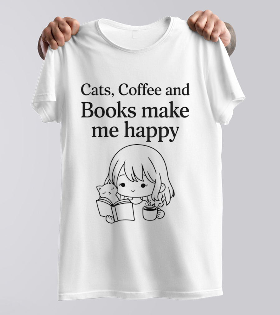 Cats Coffee And Books Make Me Happy With Adorable Cat And Girl Reading T-Shirt