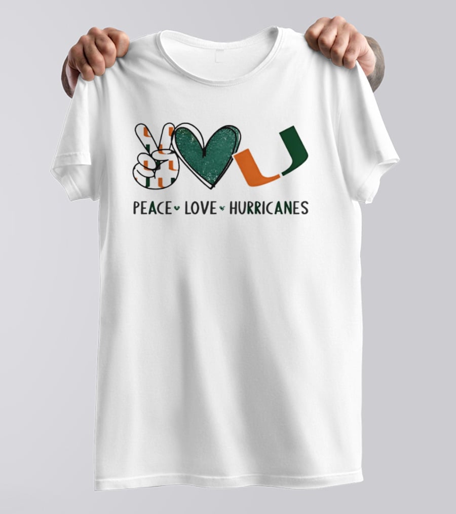 Peace Love Hurricanes Miami Hurricanes Football Hand Sign Heart Shape T-Shirt