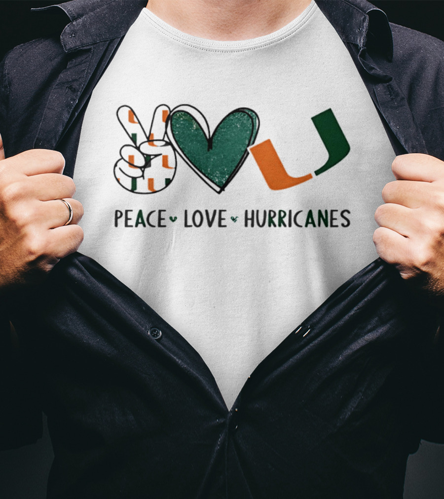 Peace Love Hurricanes Miami Hurricanes Football Hand Sign Heart Shape T-Shirt