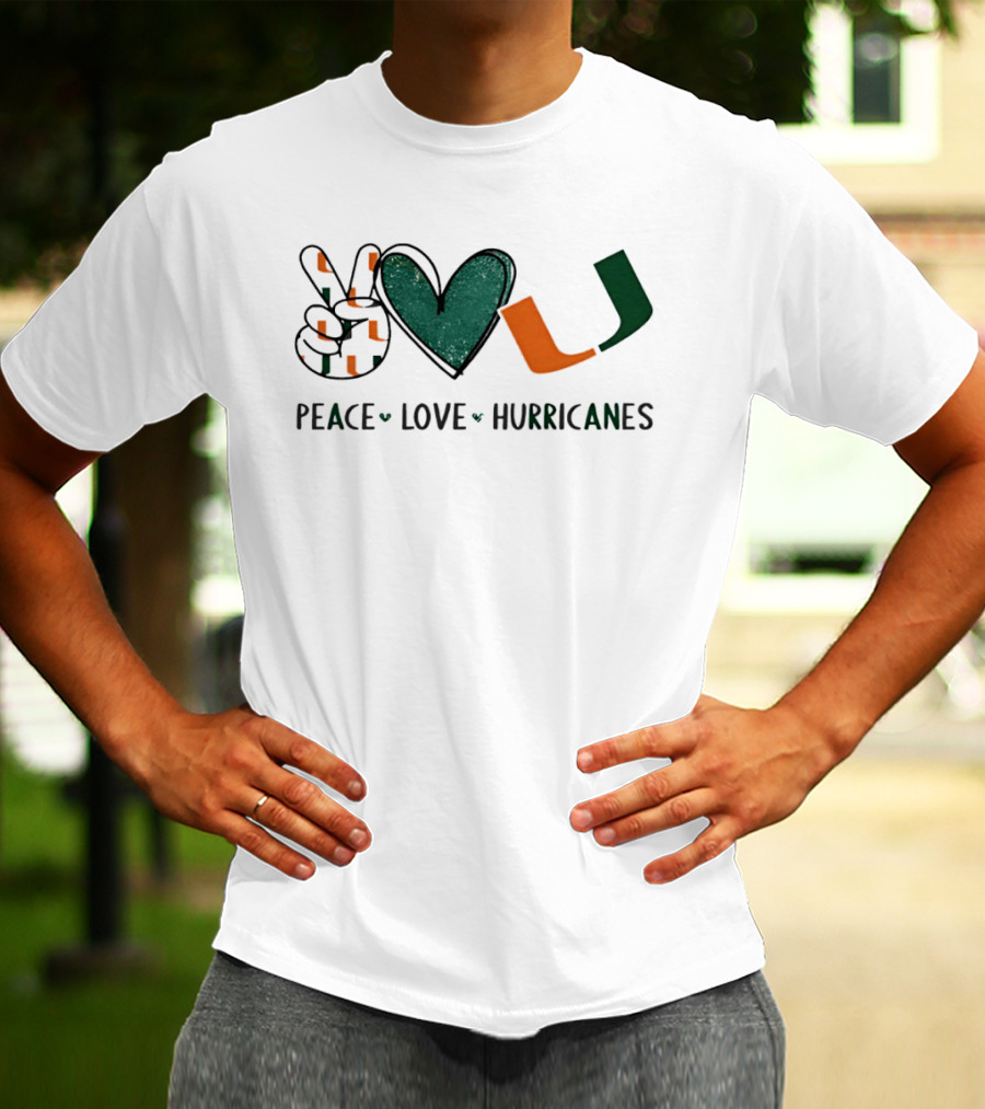Peace Love Hurricanes Miami Hurricanes Football Hand Sign Heart Shape T-Shirt