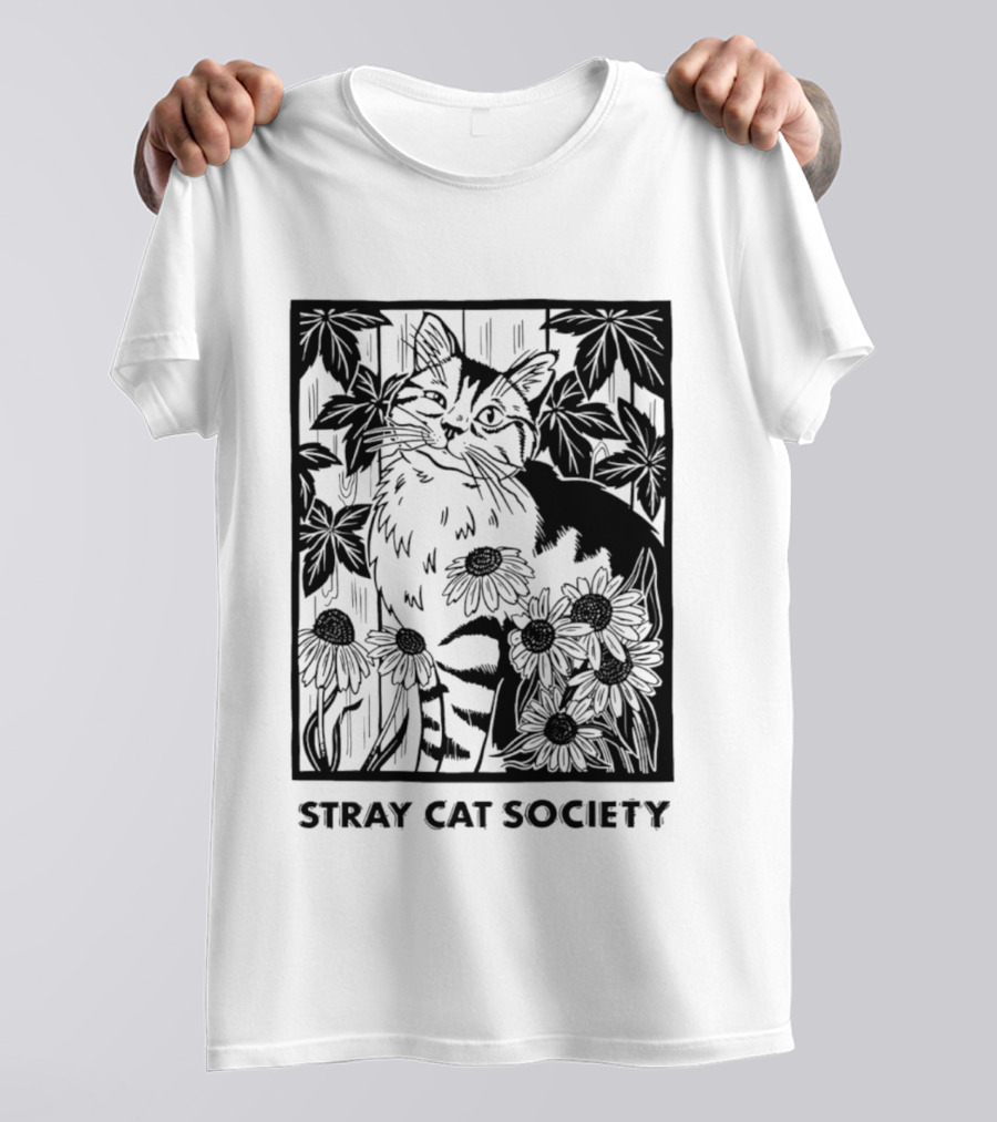 Stray Cat Society Floral And Feline Illustration With Botanical T-Shirt