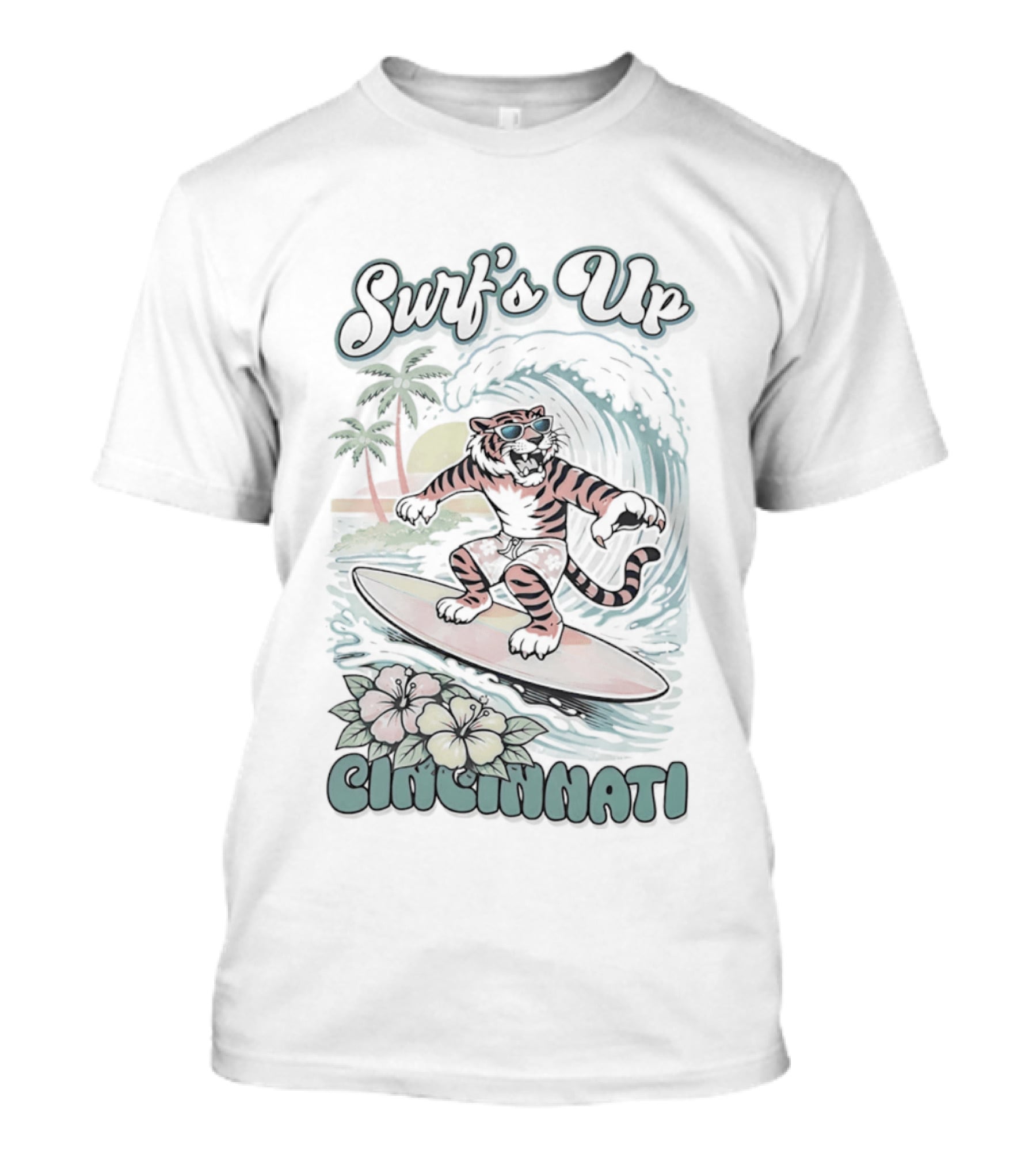 Surf's Up Cincinnati Tiger Riding Wave With Palm Trees And Sunset T-Shirt