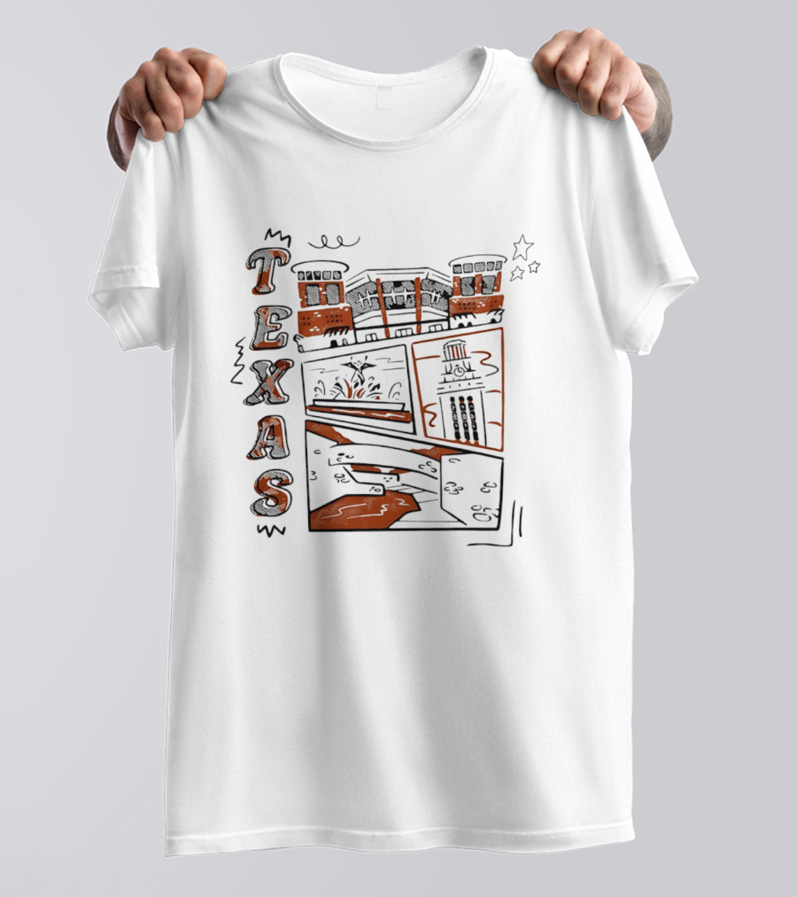 Texas Longhorns Campus Landmarks Comic Art Stadium Tower T-Shirt