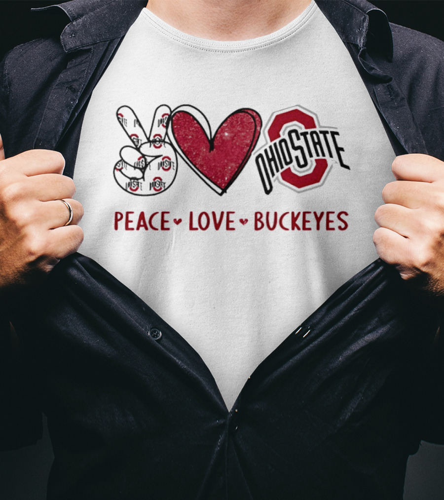 Ohio State Buckeyes Peace Love Buckeyes Hand Sign Heart Shape T-Shirt
