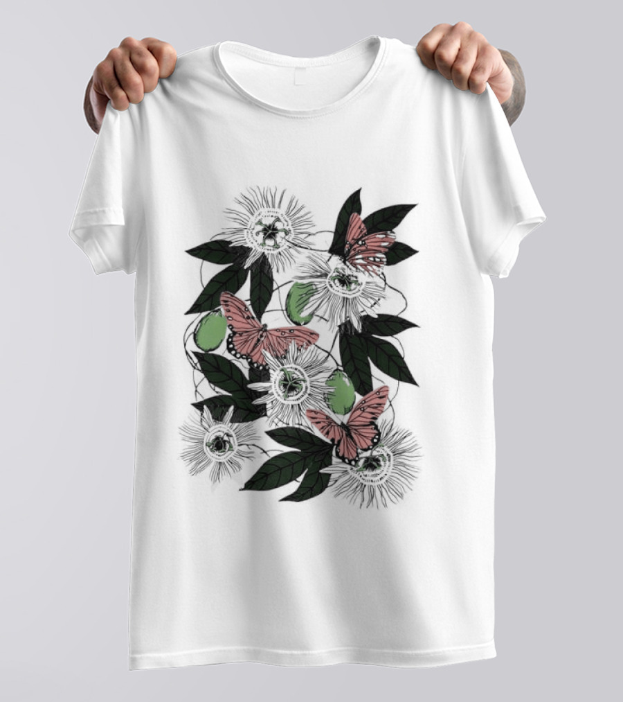 Passion Flower Pistachio Incarnata Red Butterflies Adult T-Shirt