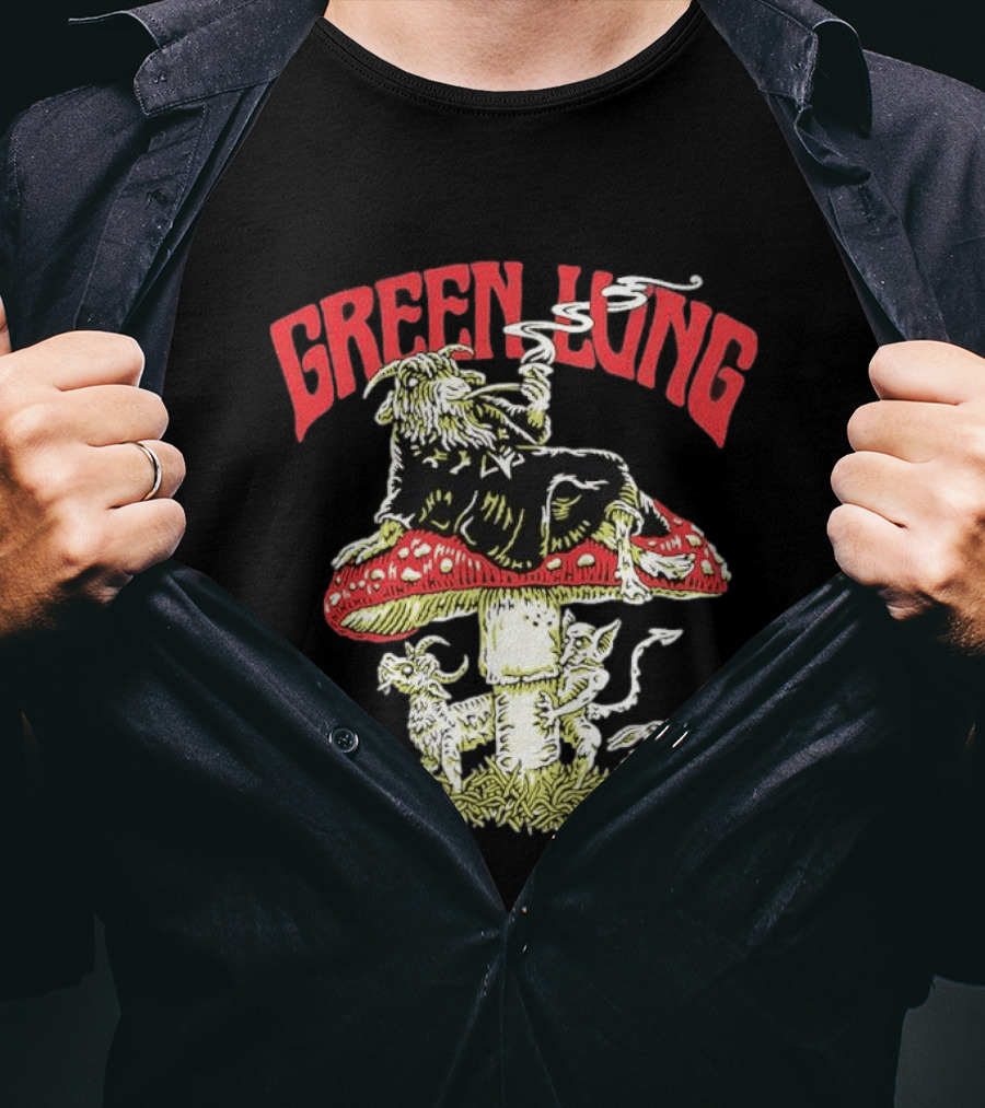 Green Lung Band Goat Smoking On Mushroom Old English Black Magic T-Shirt