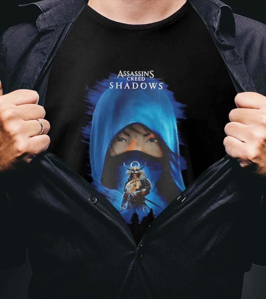 Assassin's Creed Shadows Blue Cloaked Figure With Samurai Warrior T-Shirt