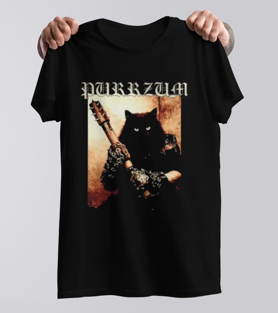 Purrzum Cat Black Metal Aesthetic Feline Holding Guitar T-Shirt