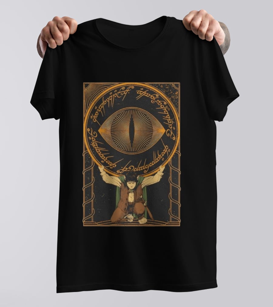 Frodo Baggins Carrying The Eye Of Sauron With Elvish Script Lord Of The Rings T-Shirt