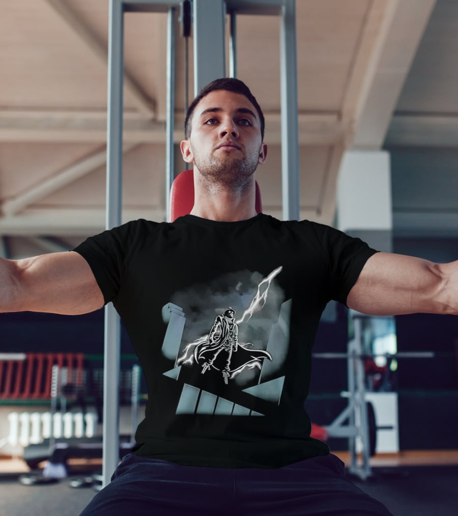 Spider Man Noir X Batman The Animated Series Noir Crossover With Light Burst And Gotham City Skyline T-Shirt