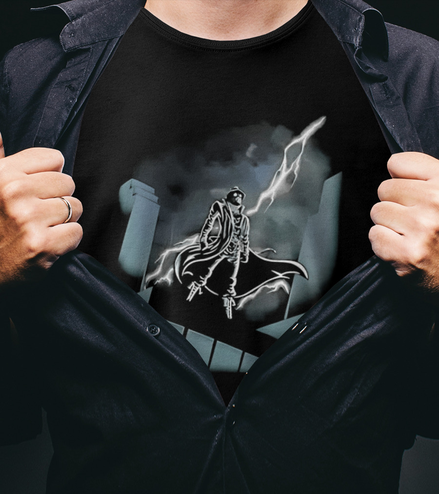 Spider Man Noir X Batman The Animated Series Noir Crossover With Light Burst And Gotham City Skyline T-Shirt