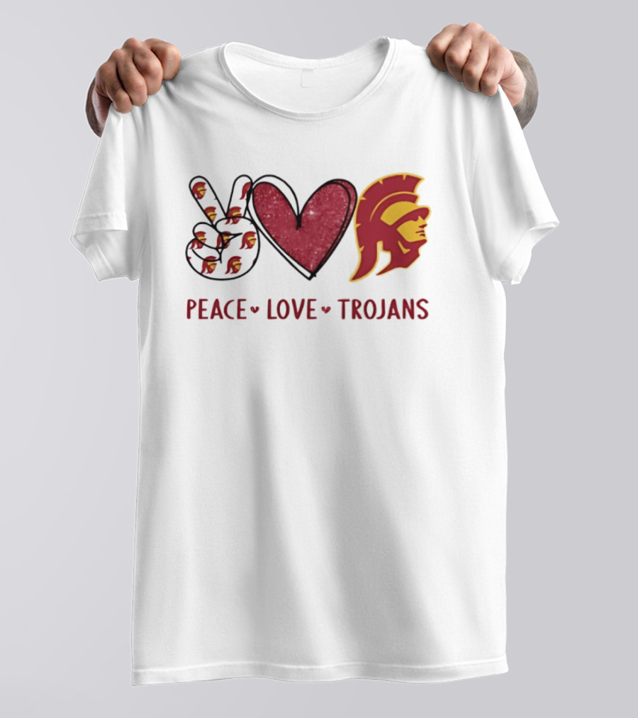 USC Trojans Peace Love Hand Sign Heart Shape T-Shirt