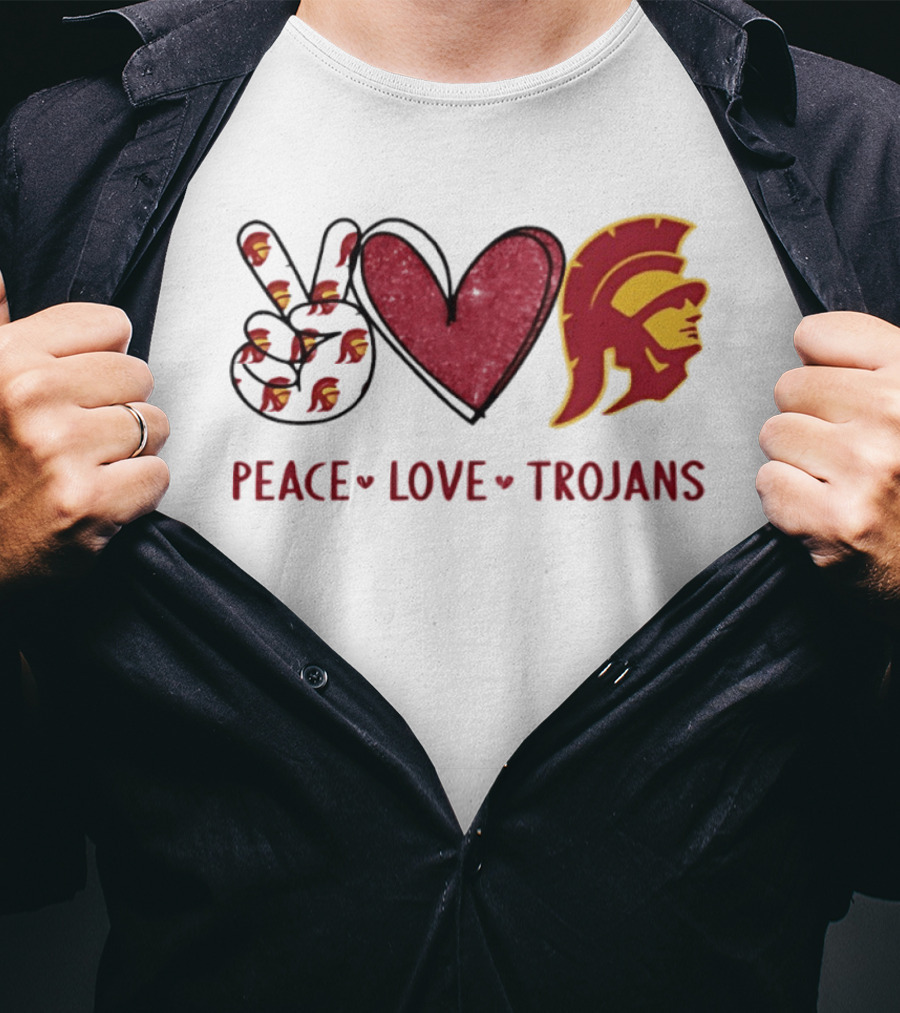 USC Trojans Peace Love Hand Sign Heart Shape T-Shirt