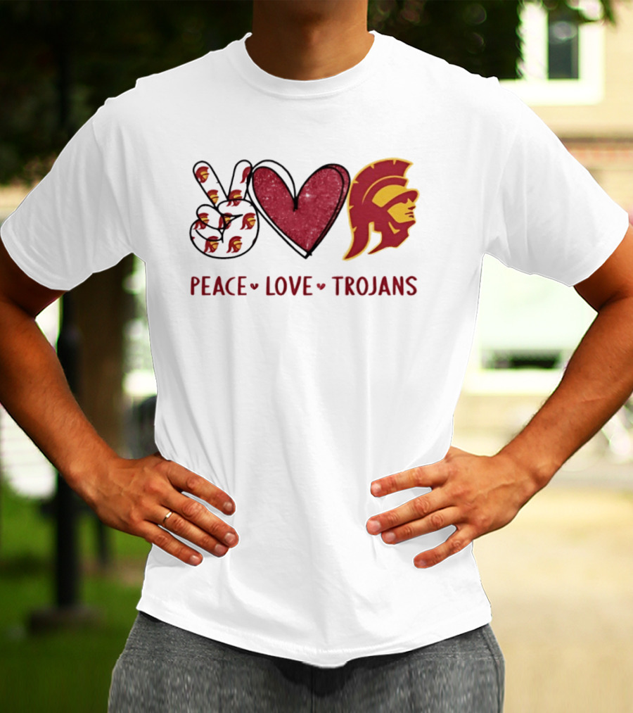 USC Trojans Peace Love Hand Sign Heart Shape T-Shirt