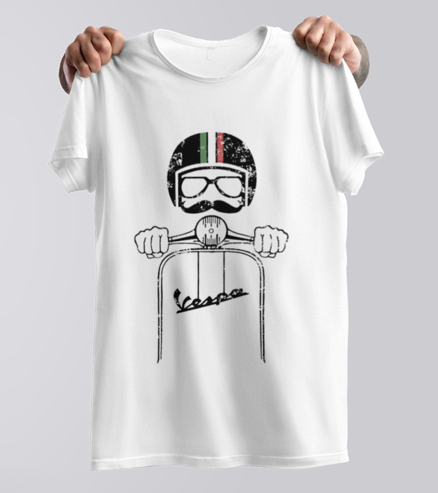 Vespa Piaggio Hipster Distressed Helmet With Italian Flag And Mustache T-Shirt
