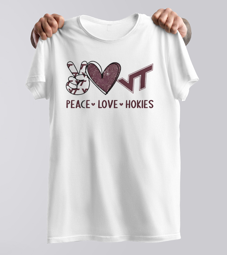 Peace Love Hokies VT Hand Sign Heart Shape Virginia Tech Football T-Shirt