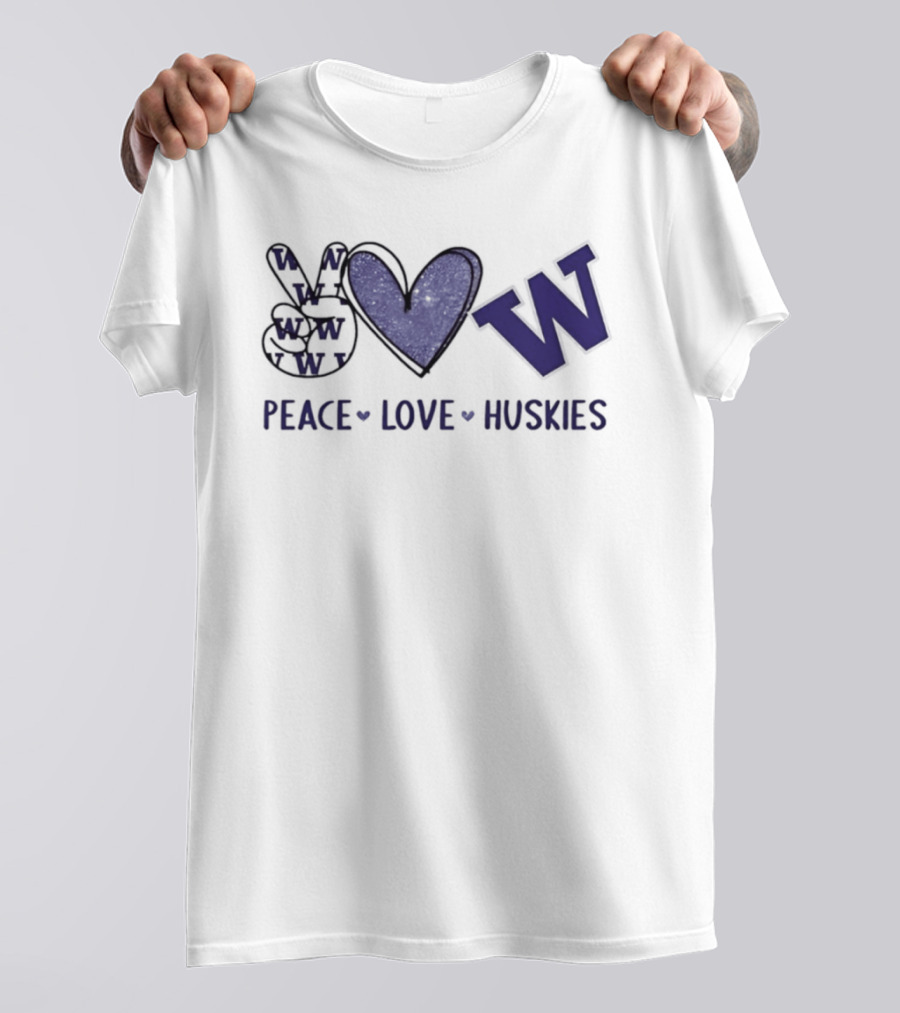 Peace Love Huskies Washington Huskies Football Hand Sign Heart Shape W T-Shirt