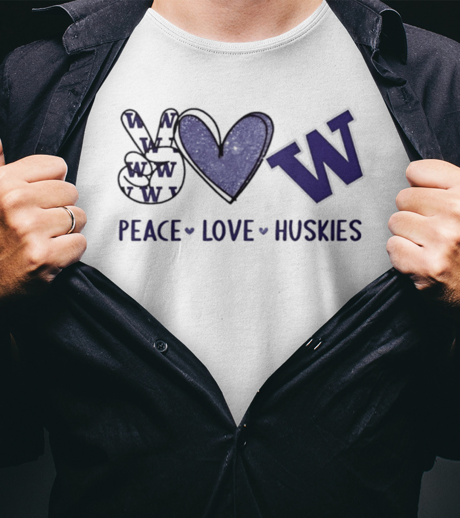 Peace Love Huskies Washington Huskies Football Hand Sign Heart Shape W T-Shirt
