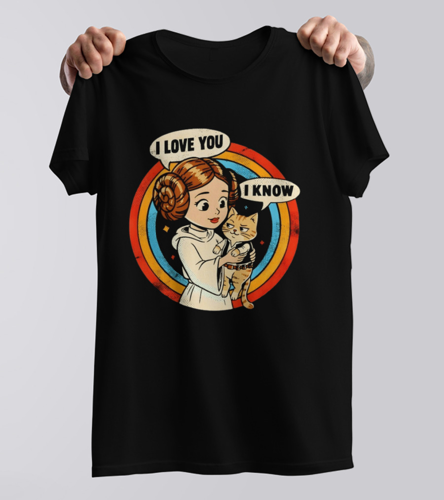 Princess Leia Style Girl Holding Cat I Love You I Know Retro 70s Cartoon T-Shirt