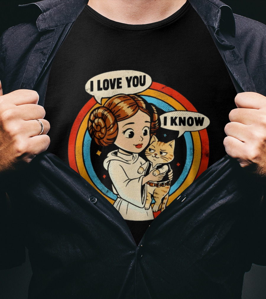 Princess Leia Style Girl Holding Cat I Love You I Know Retro 70s Cartoon T-Shirt