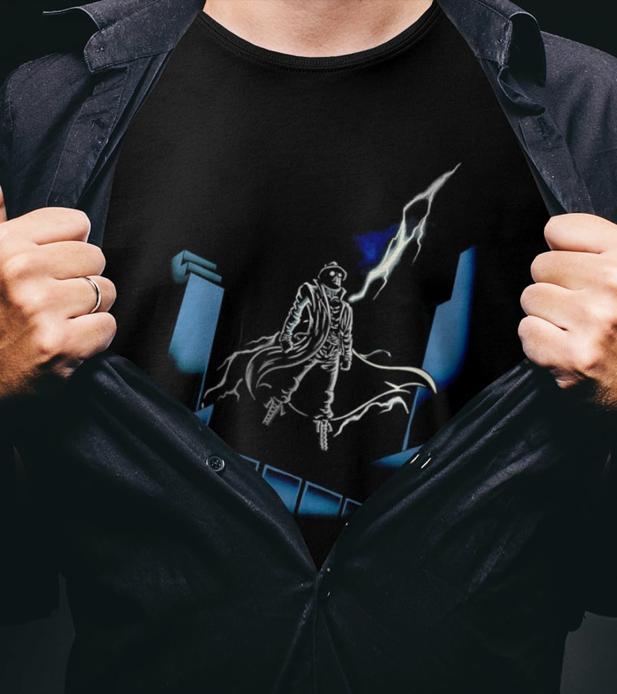 Mysterious Man Trench Coat Lightning Building Spider Man Noir T-Shirt