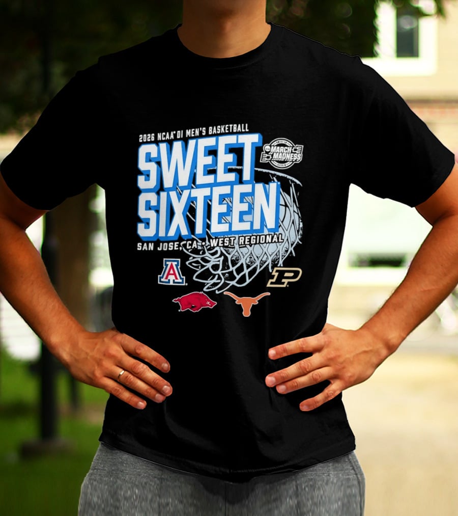 2026 NCAA DI Men's Basketball Sweet Sixteen San Jose West Regional Arizona Arkansas Texas Purdue Logos T-Shirt