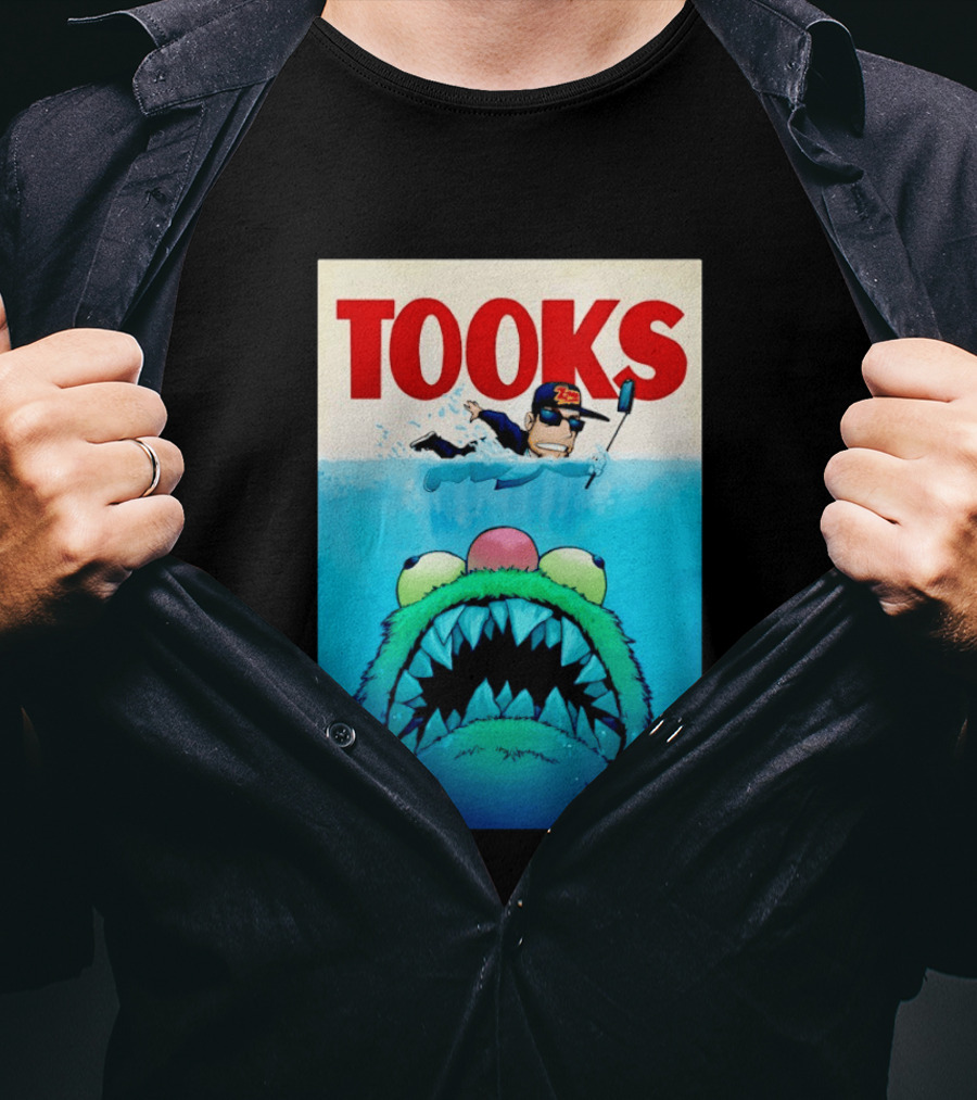 TOOKS Cartoon Giant Monster Inspired By Jaws With Diver And Cap T-Shirt