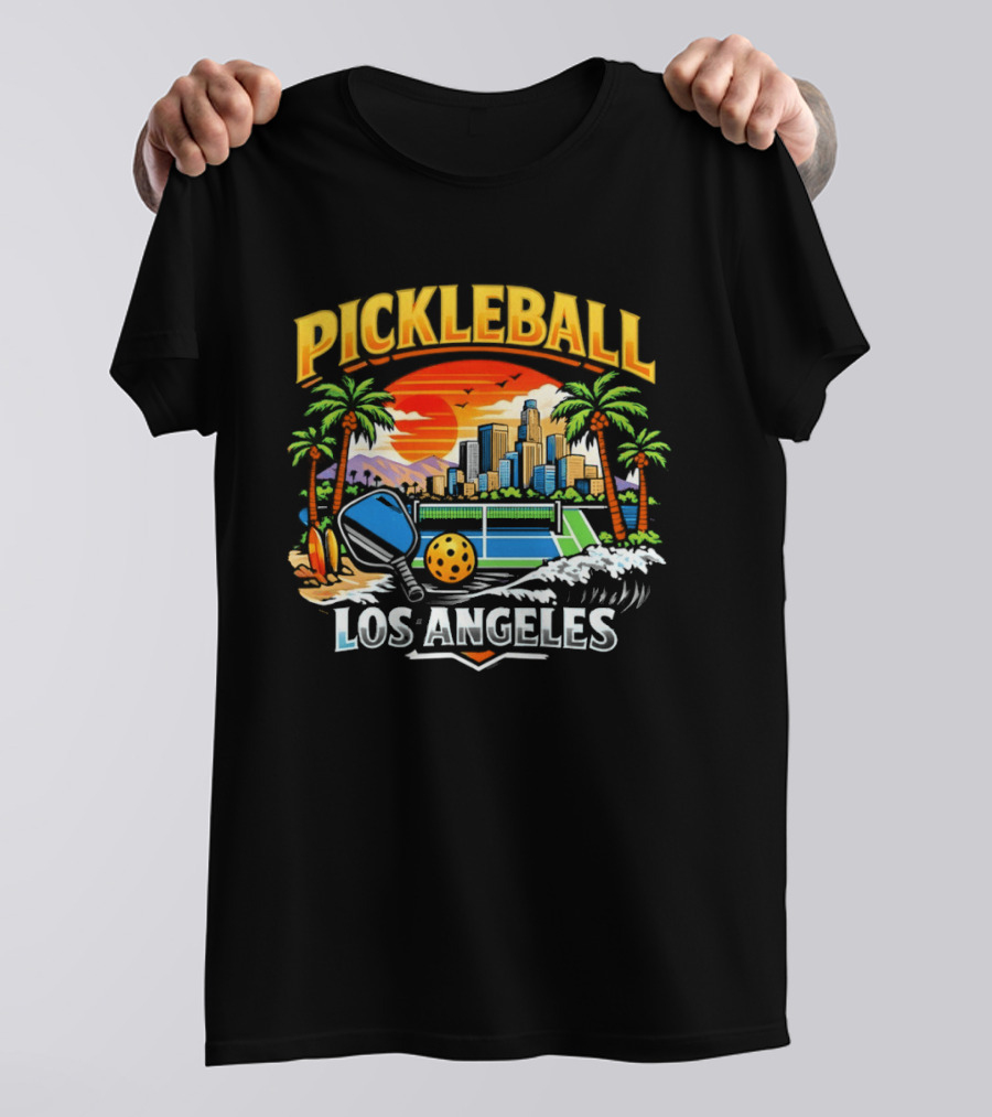 Los Angeles Pickleball City Skyline Sunset Palm Trees T-Shirt