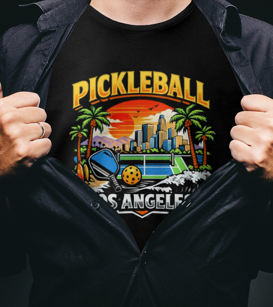 Los Angeles Pickleball City Skyline Sunset Palm Trees T-Shirt