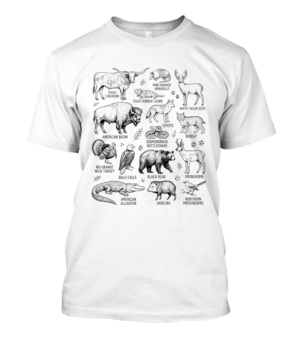 Texas Wildlife Guide Longhorn Armadillo Bison Deer Bobcat Turkey Vulture Rattlesnake Alligator T-Shirt