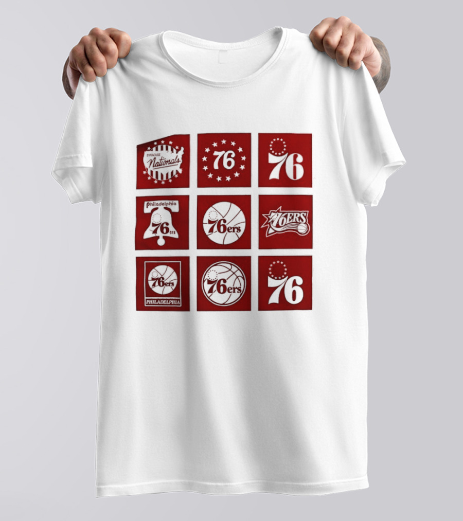 Philadelphia 76ers NBA Team Retro Icons And Number 76 Basketball Squares T-Shirt