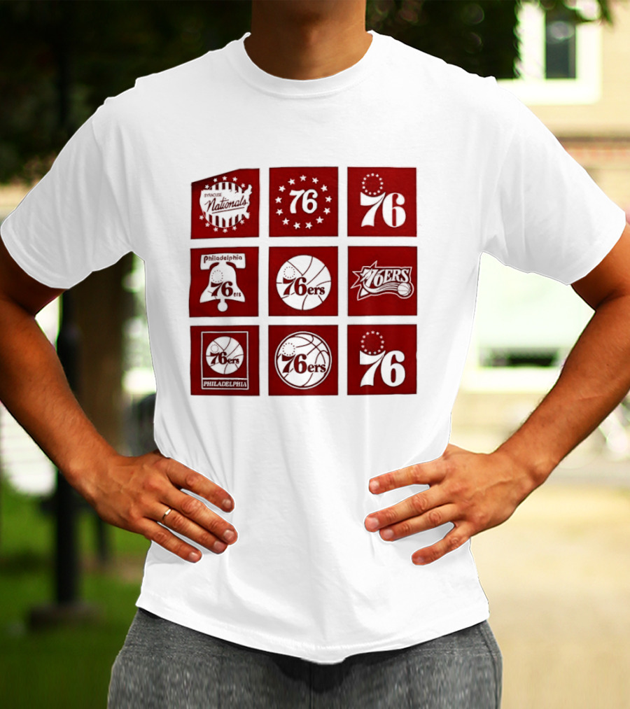 Philadelphia 76ers NBA Team Retro Icons And Number 76 Basketball Squares T-Shirt