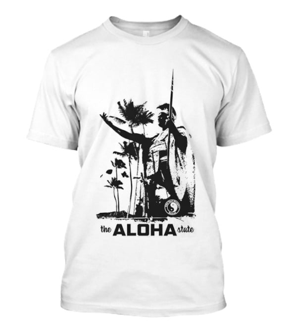 The Aloha State Ka Black White Hawaiian King Statue Palms T-Shirt