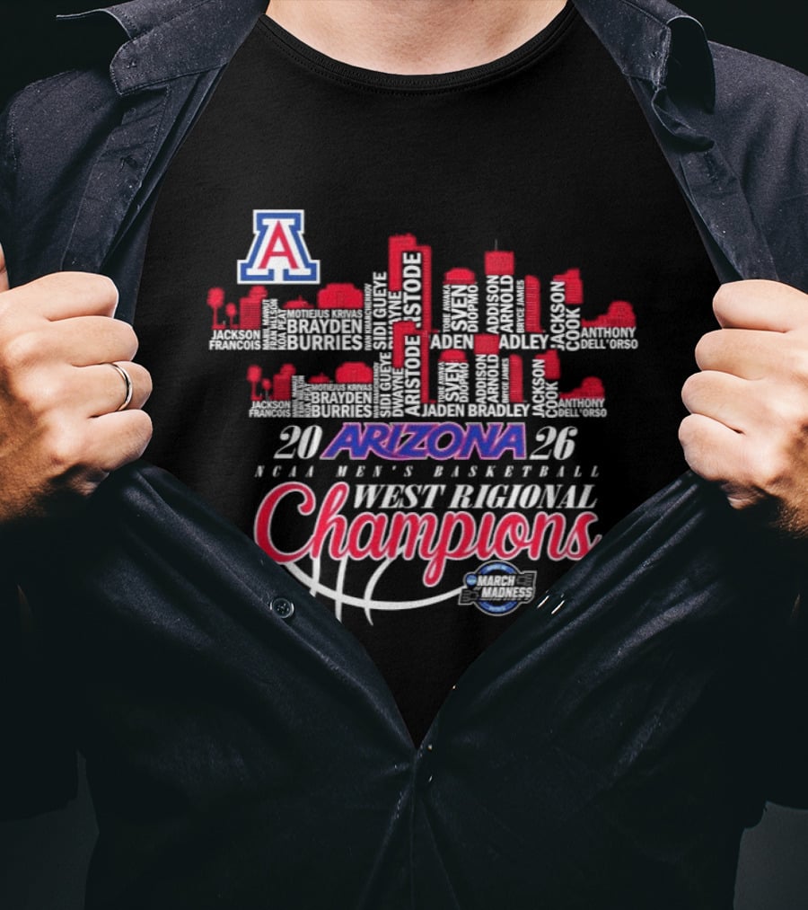 Arizona Wildcats 2026 NCAA Men's Basketball West Regional Champions Skyline T-Shirt