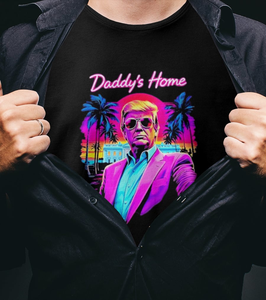 Daddy's Home Donald Trump Synthwave Sunset Beach Scene T-Shirt